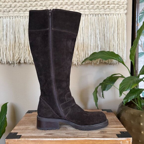 Vintage J. Crew Brown Suede Silver Buckle Inner Zip Lug Sole Knee High Boots - Picture 7 of 17